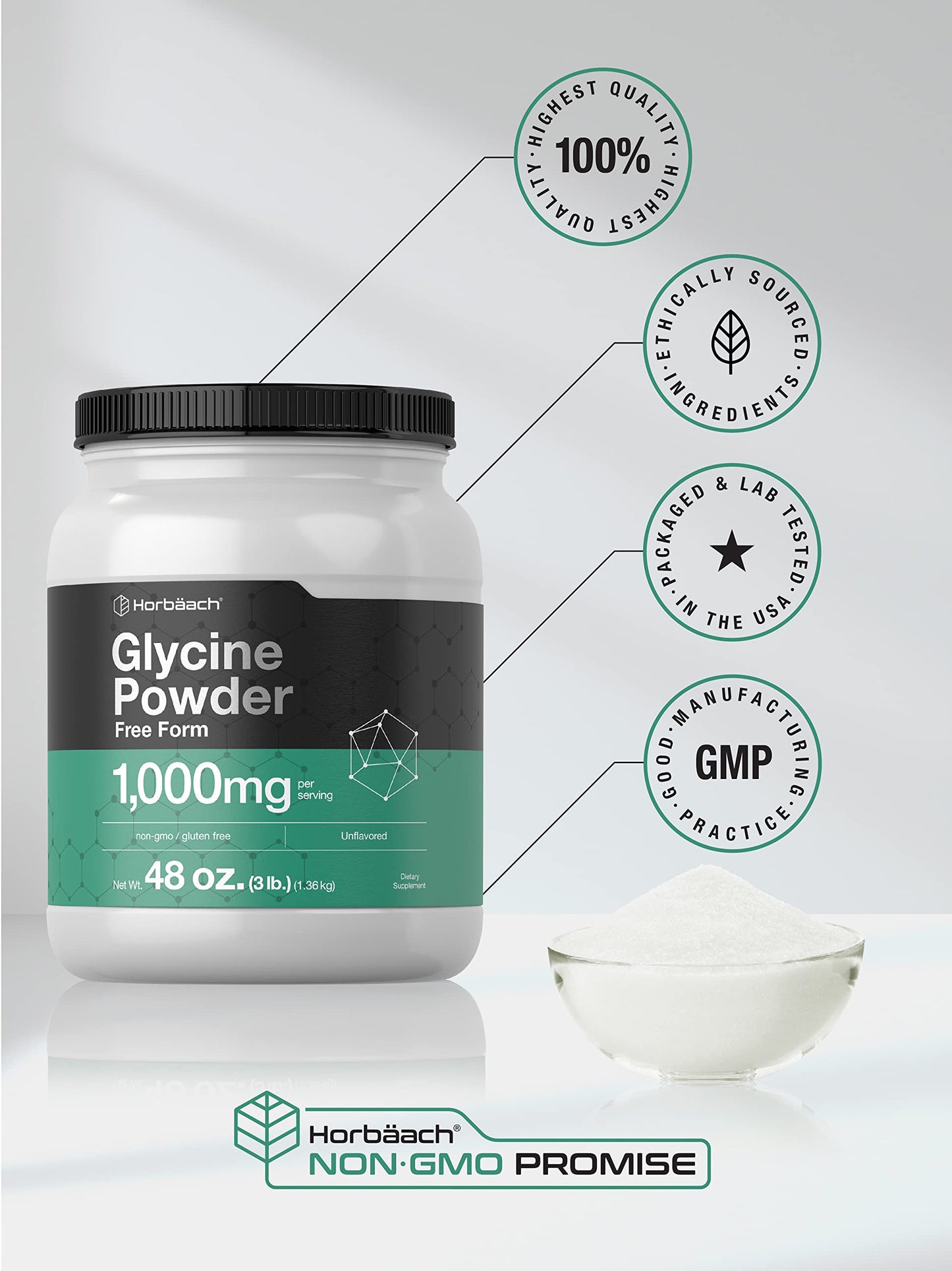 Horbäach Glycine Powder 3 lbs - Free Form, Unflavored, Vegetarian, Non-GMO, Gluten Free