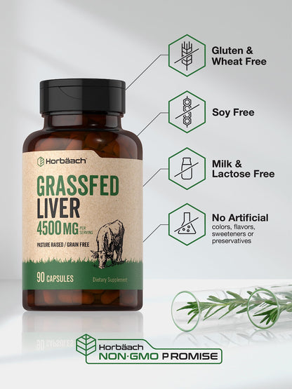 Horbäach Grass Fed Beef Liver – 4500mg, 90 Capsules