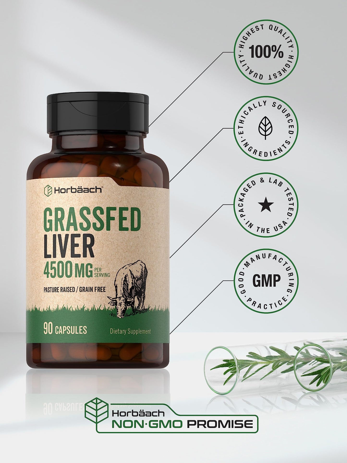 Horbäach Grass Fed Beef Liver – 4500mg, 90 Capsules