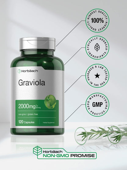 Horbäach Graviola Capsules | 2000 mg | 120 Count | Non-GMO, Gluten Free | Soursop (Annona Muricata)