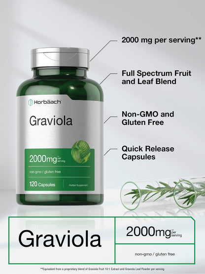 Horbäach Graviola Capsules | 2000 mg | 120 Count | Non-GMO, Gluten Free | Soursop (Annona Muricata)