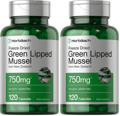 Horbäach Green Lipped Mussel 750 mg - 120 Capsules - New Zealand - Premium Freeze-Dried Mussel Powder - Non-GMO & Gluten Free (Pack of 2)