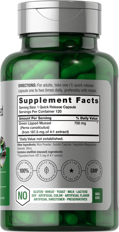 Horbäach Green Lipped Mussel 750 mg - 120 Capsules - New Zealand - Premium Freeze-Dried Mussel Powder - Non-GMO & Gluten Free (Pack of 2)