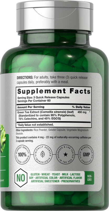 Horbäach Green Tea Extract Capsules 450mg | 180 Count | Herbal Supplement | Non-GMO & Gluten Free