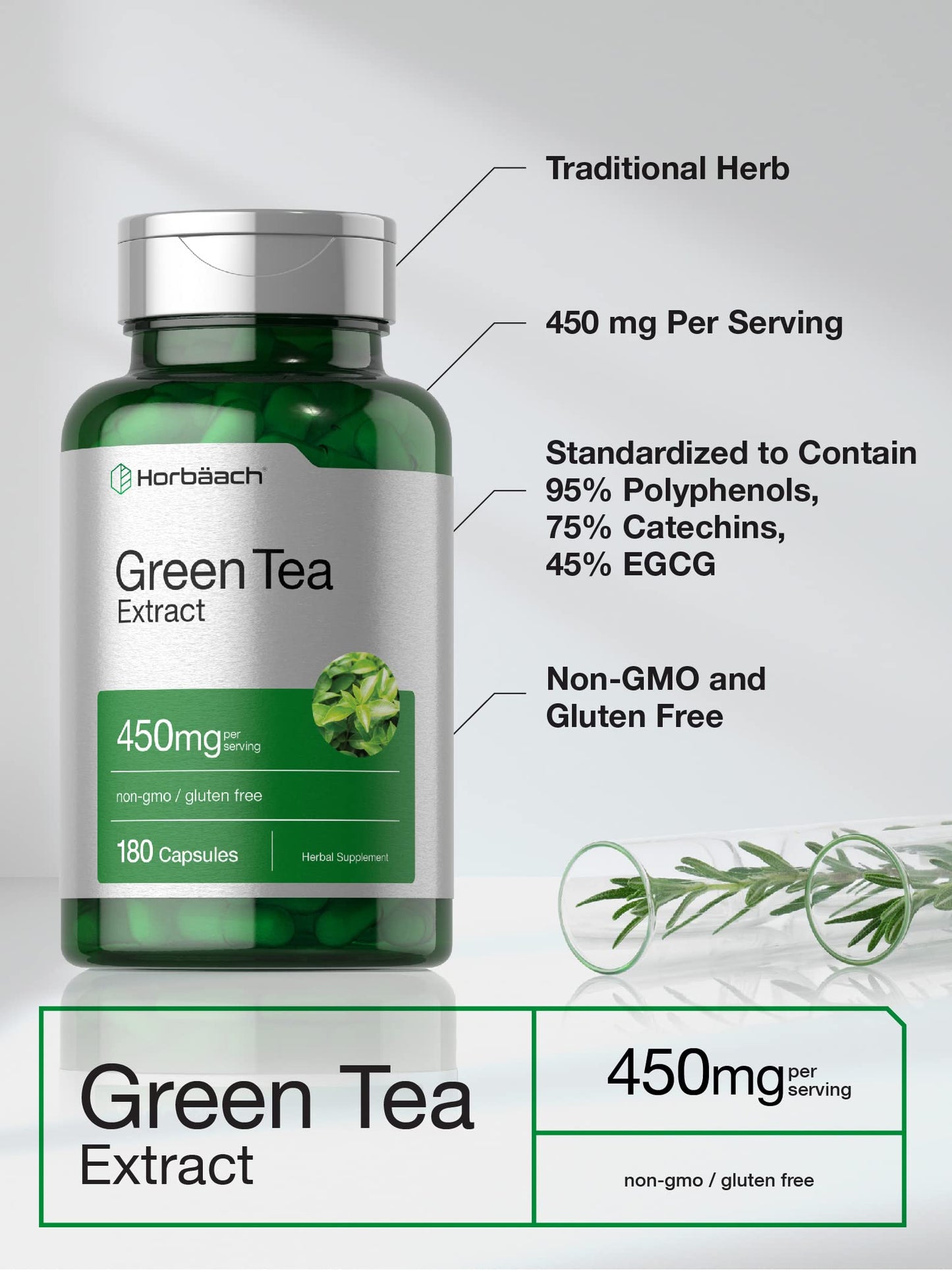 Horbäach Green Tea Extract Capsules 450mg | 180 Count | Herbal Supplement | Non-GMO & Gluten Free