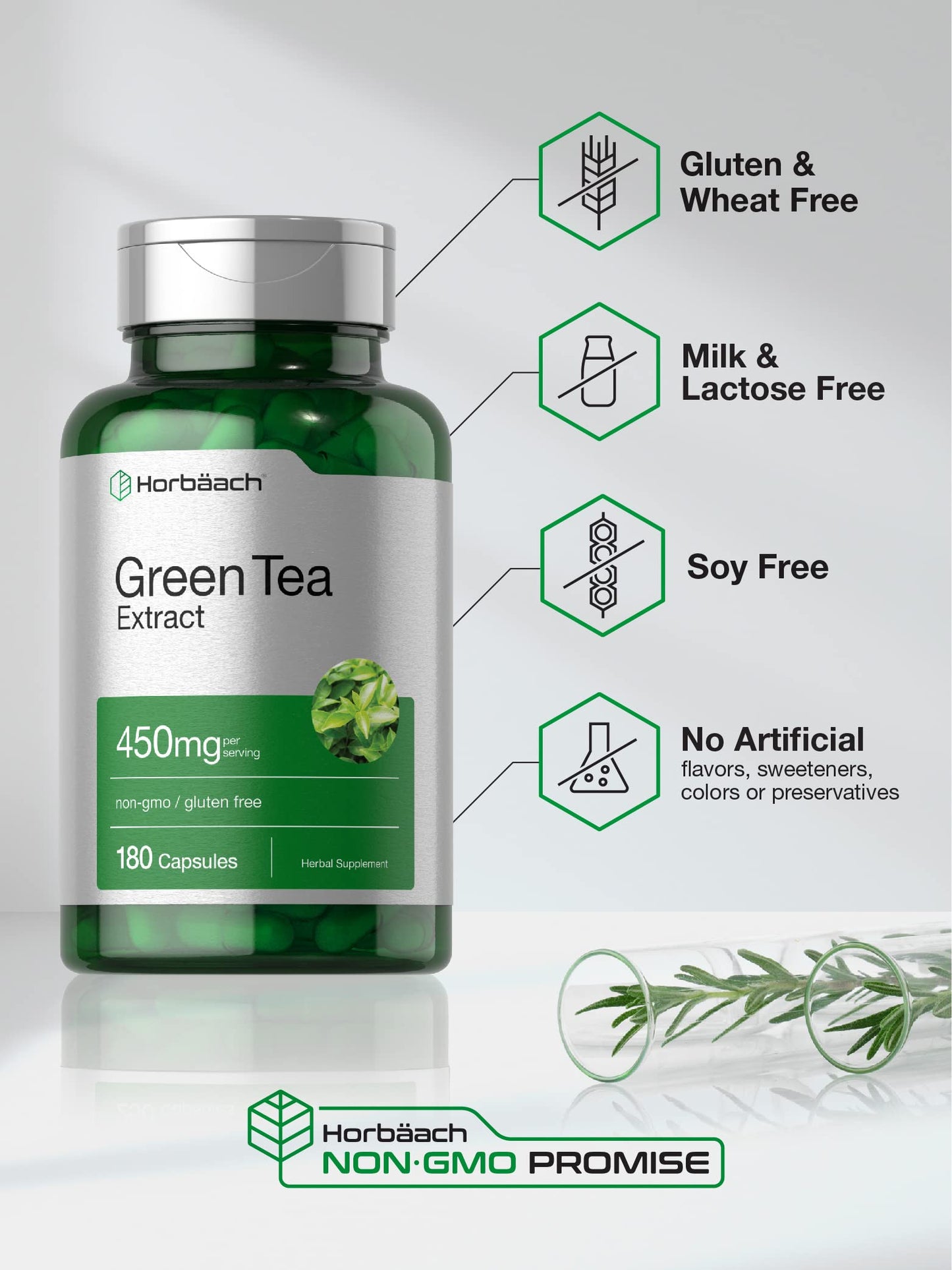 Horbäach Green Tea Extract Capsules 450mg | 180 Count | Herbal Supplement | Non-GMO & Gluten Free