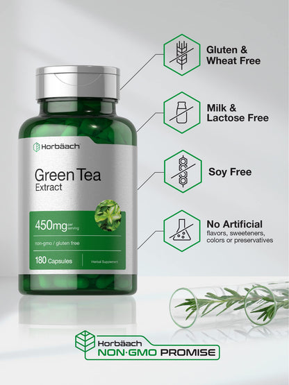 Horbäach Green Tea Extract Capsules 450mg | 180 Count | Herbal Supplement | Non-GMO & Gluten Free