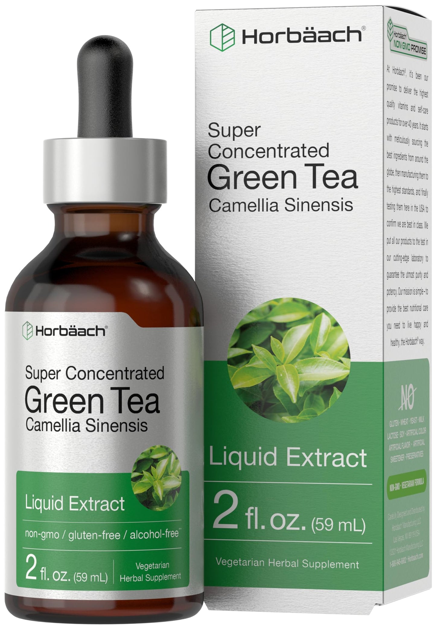 Horbäach Green Tea Extract Liquid Drops | 2 Fl Oz | Alcohol Free | Vegetarian | Super Concentrated Supplement | Non-GMO, Gluten Free