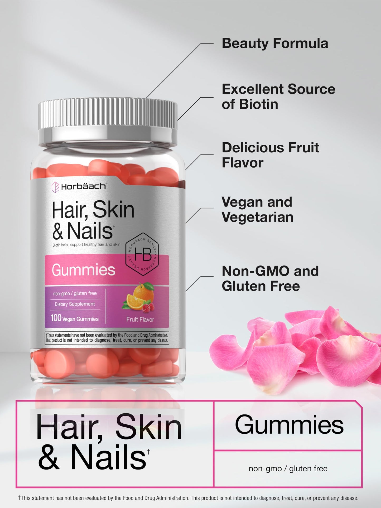Horbäach Hair, Skin & Nails Gummies – 100 Count | Biotin | Non-GMO & Gluten Free