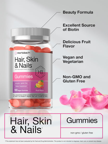 Horbäach Hair, Skin & Nails Gummies – 100 Count | Biotin | Non-GMO & Gluten Free