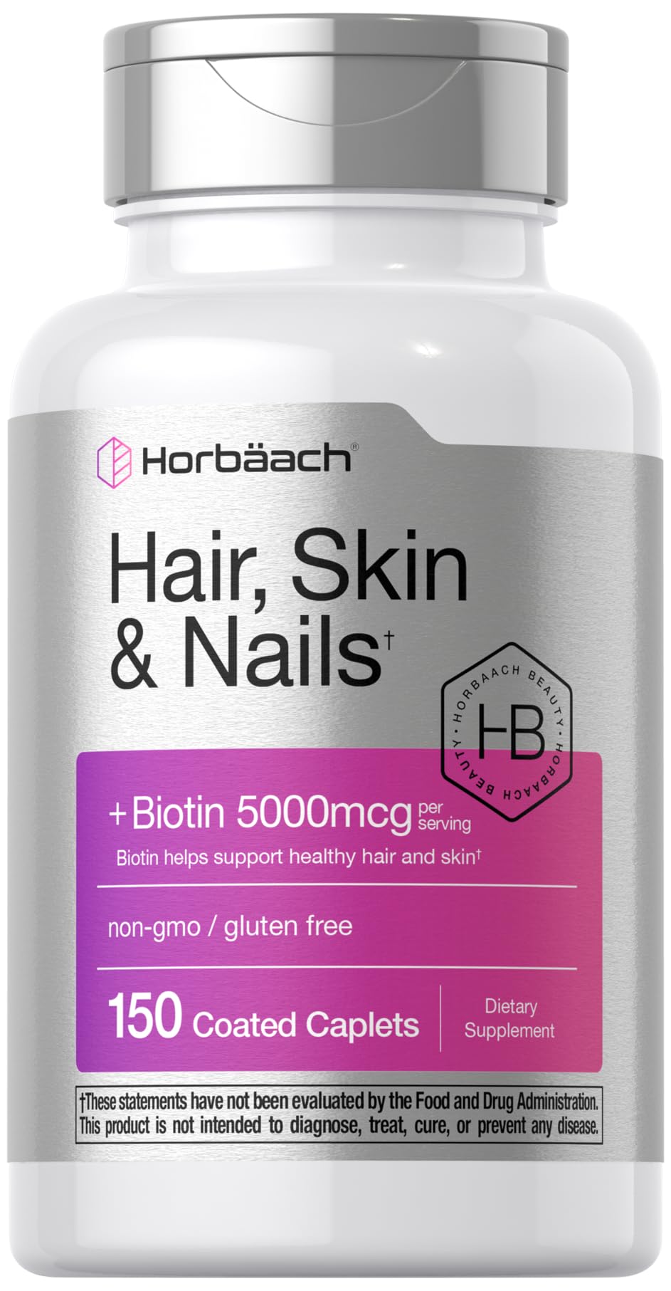 Horbäach Hair Skin & Nails Vitamins – 150 Caplets with Biotin & Collagen