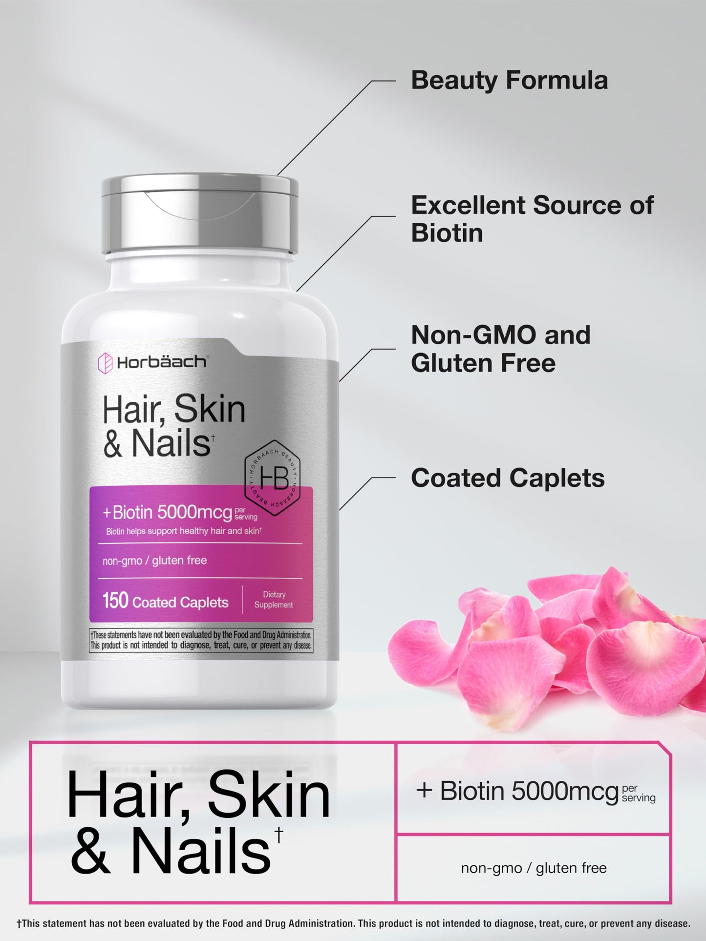 Horbäach Hair Skin & Nails Vitamins – 150 Caplets with Biotin & Collagen