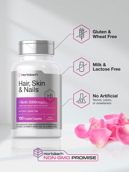 Horbäach Hair Skin & Nails Vitamins – 150 Caplets with Biotin & Collagen