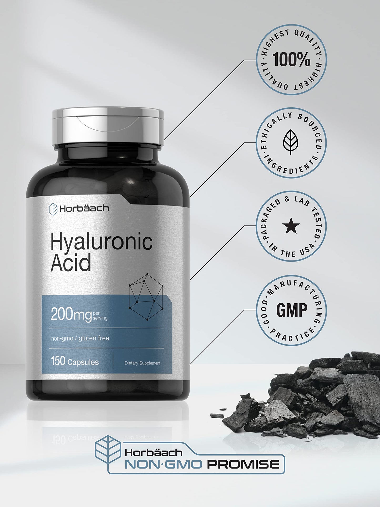 Horbäach Hyaluronic Acid Supplement – 200 mg, 150 Capsules | Non-GMO & Gluten Free