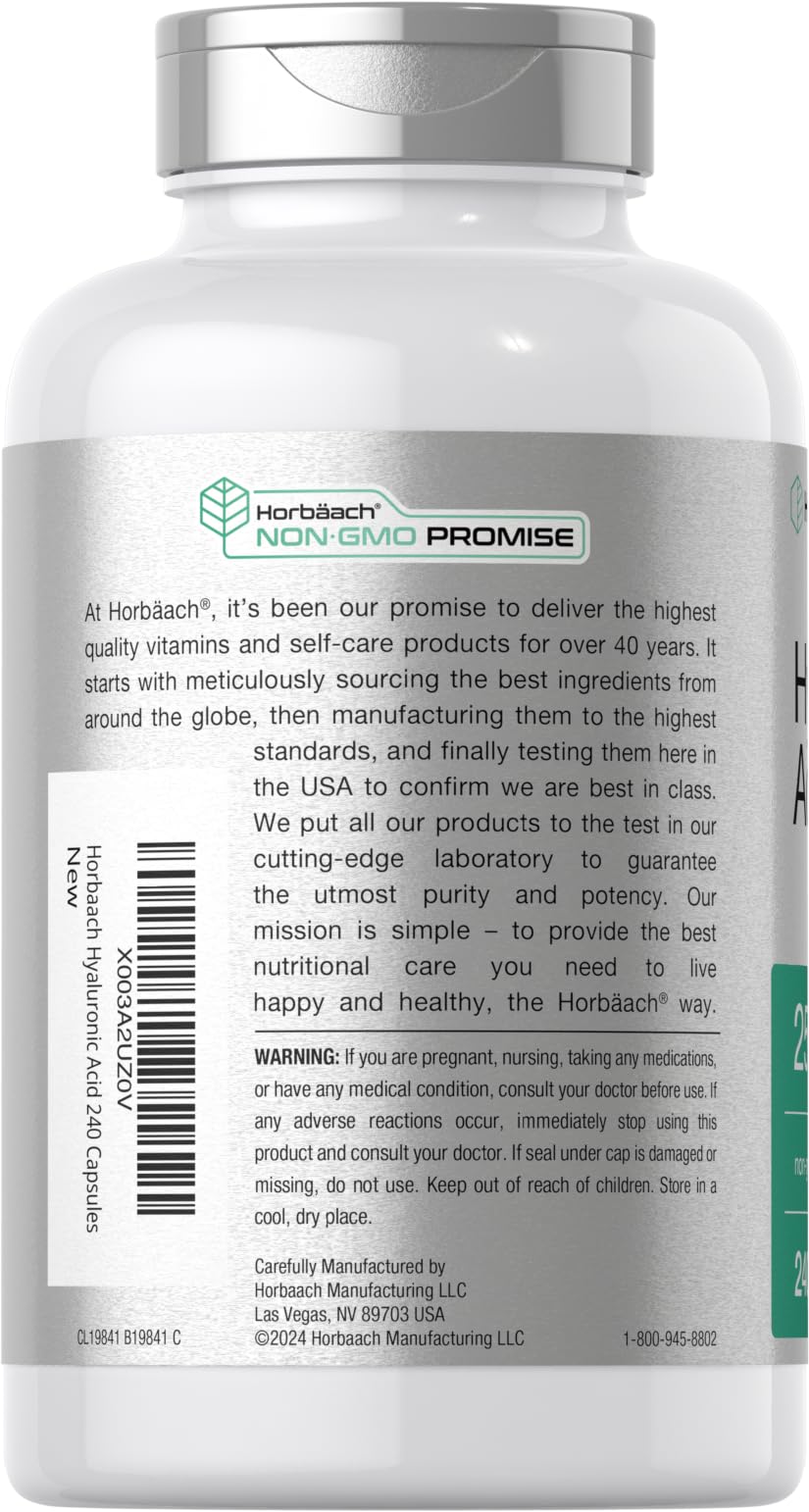 Horbäach Hyaluronic Acid Capsules 250 mg – 240 Count | Non-GMO, Gluten Free