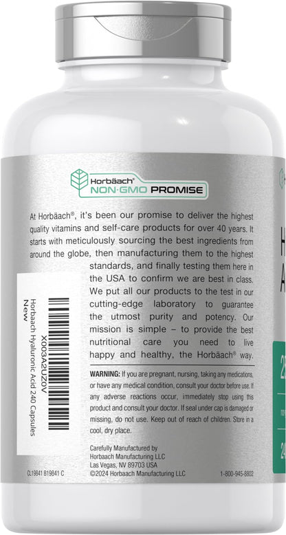 Horbäach Hyaluronic Acid Capsules 250 mg – 240 Count | Non-GMO, Gluten Free
