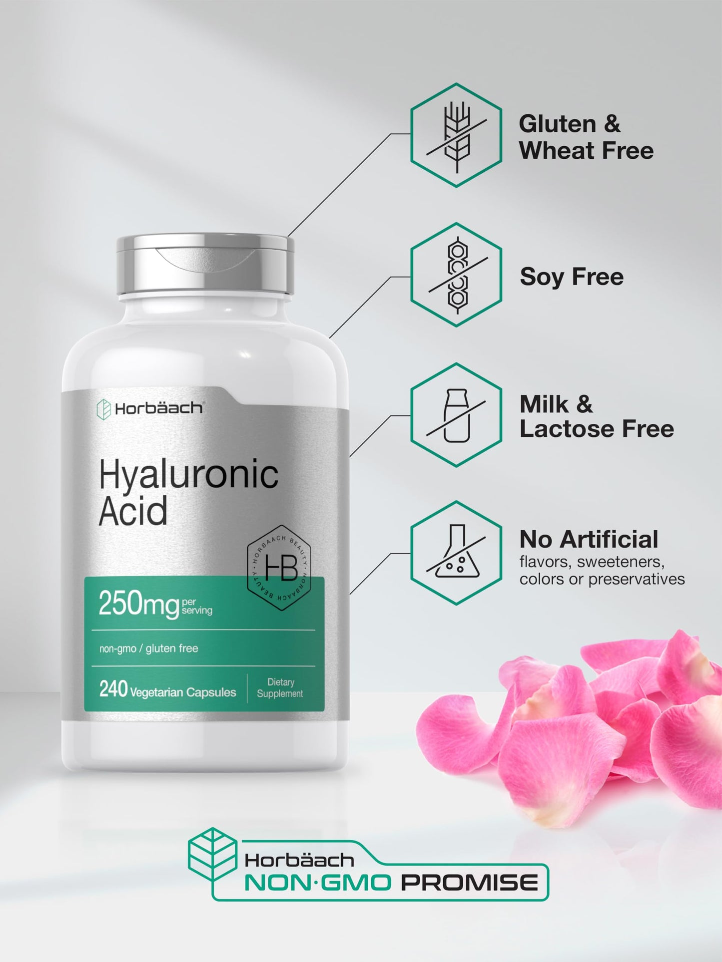 Horbäach Hyaluronic Acid Capsules 250 mg – 240 Count | Non-GMO, Gluten Free