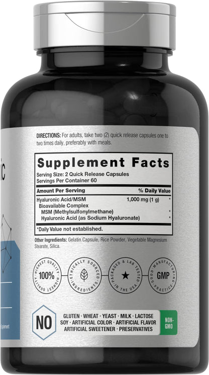 Horbäach Hyaluronic Acid with MSM – 1000 mg, 120 Capsules, Non-GMO & Gluten Free (Pack of 2)