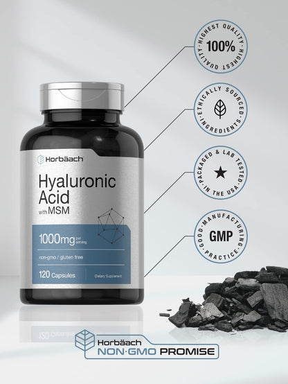 Horbäach Hyaluronic Acid with MSM – 1000 mg, 120 Capsules, Non-GMO & Gluten Free (Pack of 2)