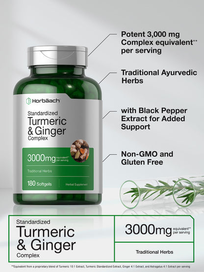 Horbäach Turmeric & Ginger Supplement 3000 mg | 180 Softgels | Black Pepper Extract | Non-GMO, Gluten Free