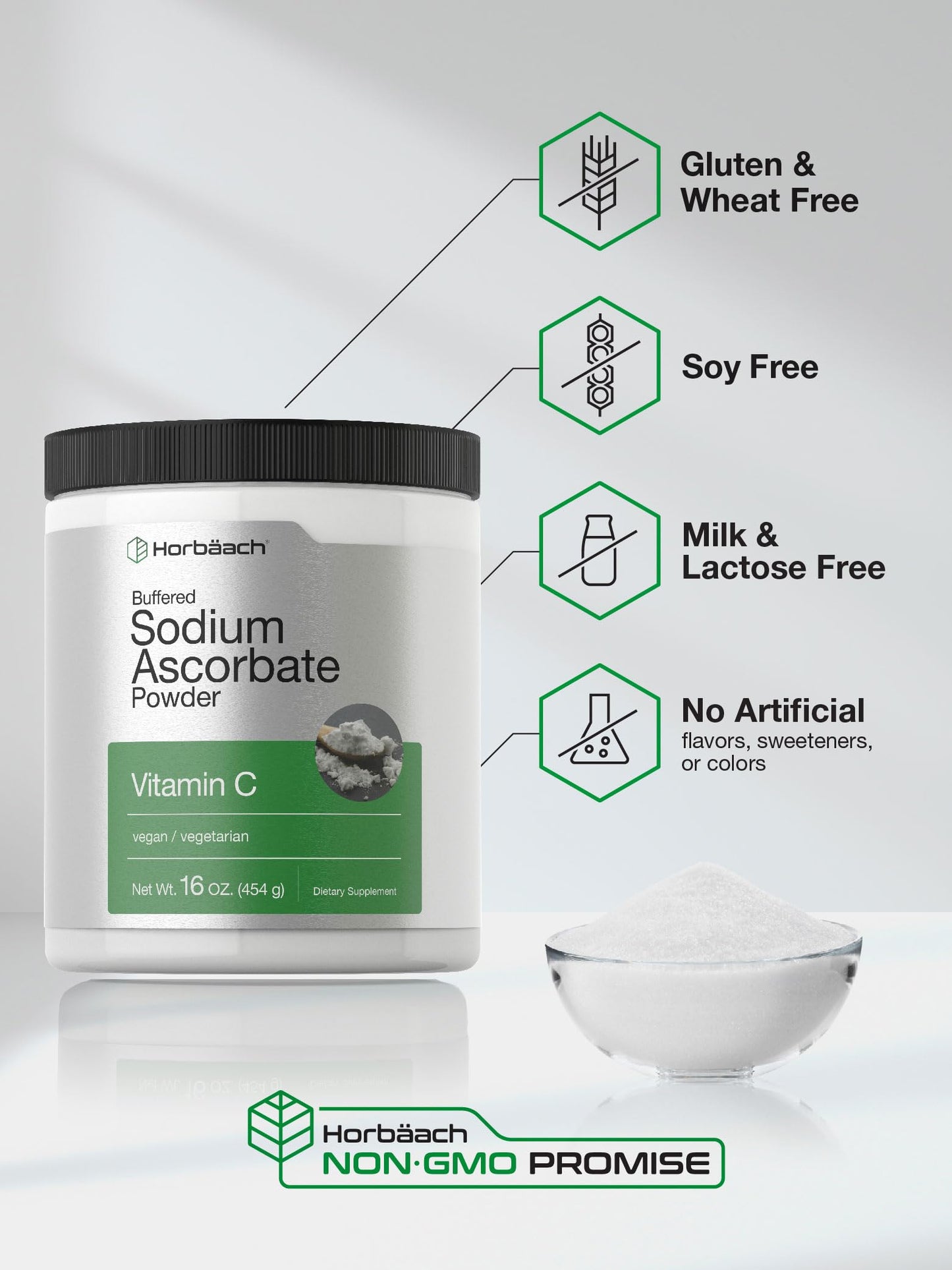 Horbäach Buffered Sodium Ascorbate Vitamin C Powder 16 oz – Vegan, Non-GMO, Gluten Free