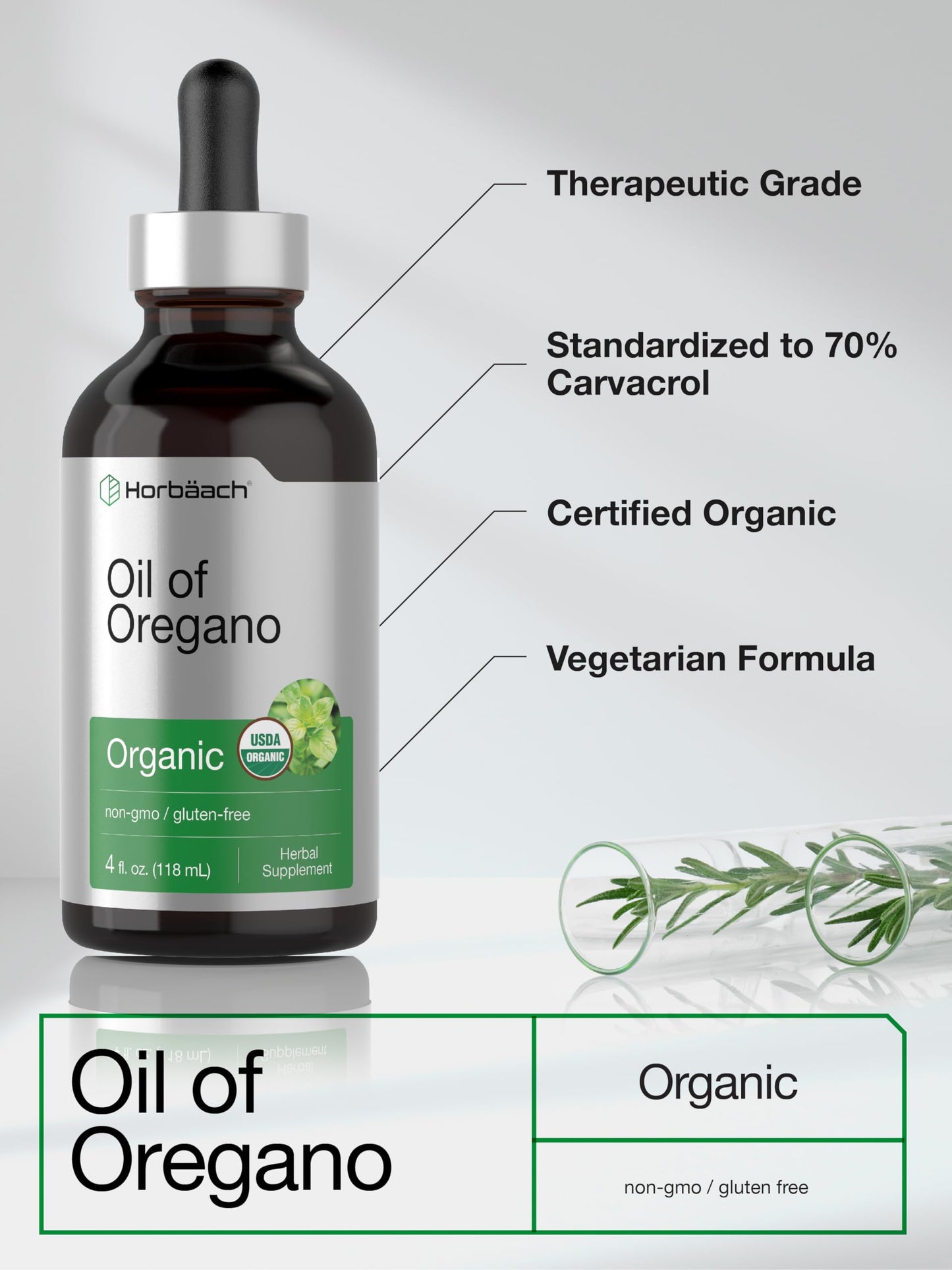 Horbäach Organic Oil of Oregano Drops 4 fl oz – Vegan, Non-GMO, Gluten Free