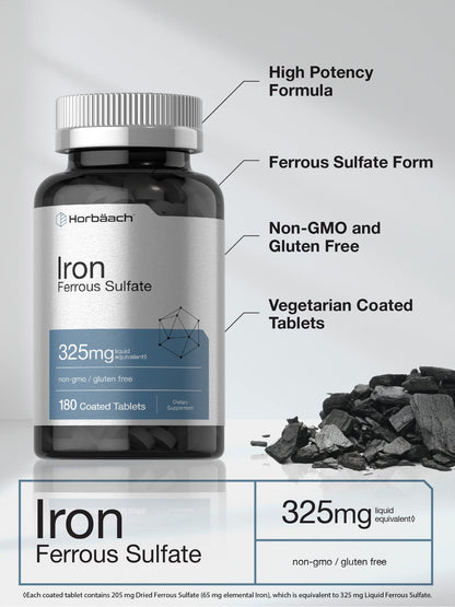 Horbäach Iron Ferrous Sulfate 325mg – 180 Count | Vegetarian, Non-GMO & Gluten Free