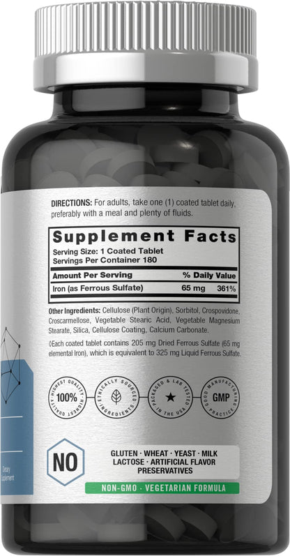 Horbäach Iron Ferrous Sulfate 325mg – 180 Count | Vegetarian, Non-GMO & Gluten Free