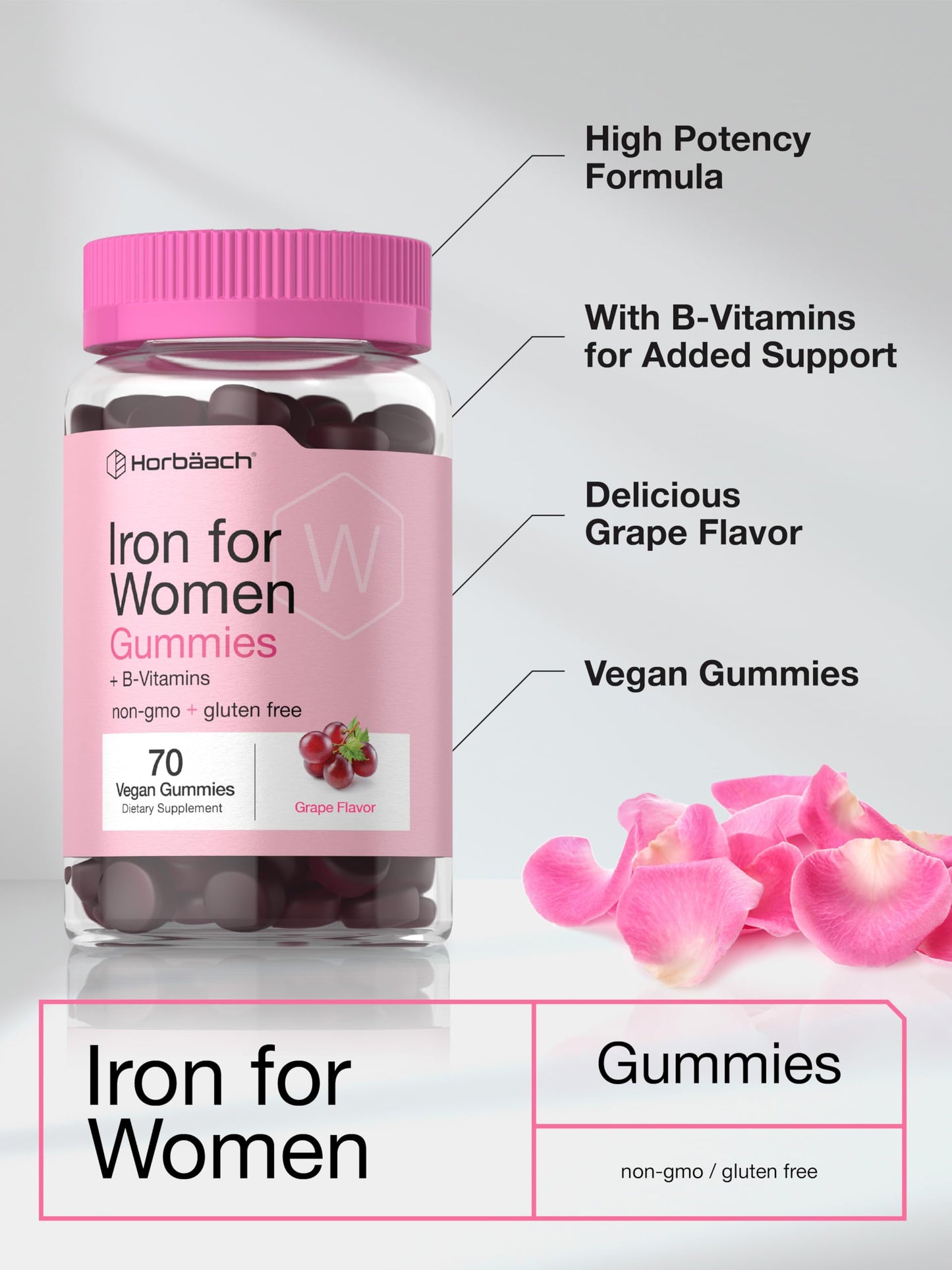 Horbäach Iron Gummies for Women – 70 Count, Grape Flavor | Vegan, Non-GMO, Gluten Free