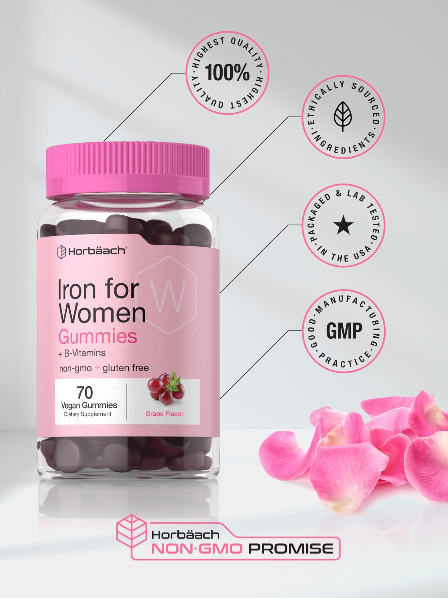 Horbäach Iron Gummies for Women – 70 Count, Grape Flavor | Vegan, Non-GMO, Gluten Free