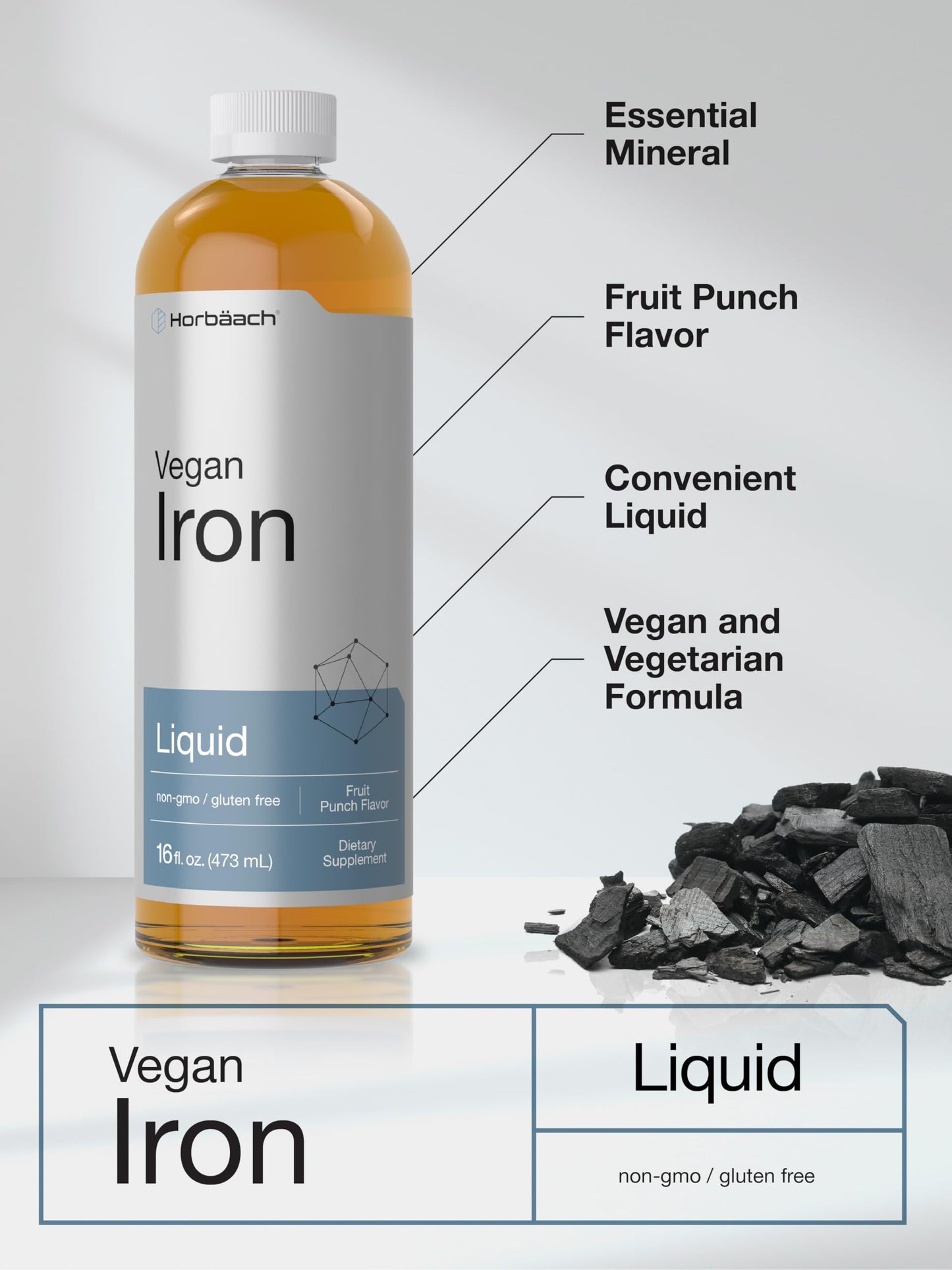 Horbäach Iron Supplement Liquid 16 oz – Vegan & Vegetarian Formula, Non-GMO, Gluten Free