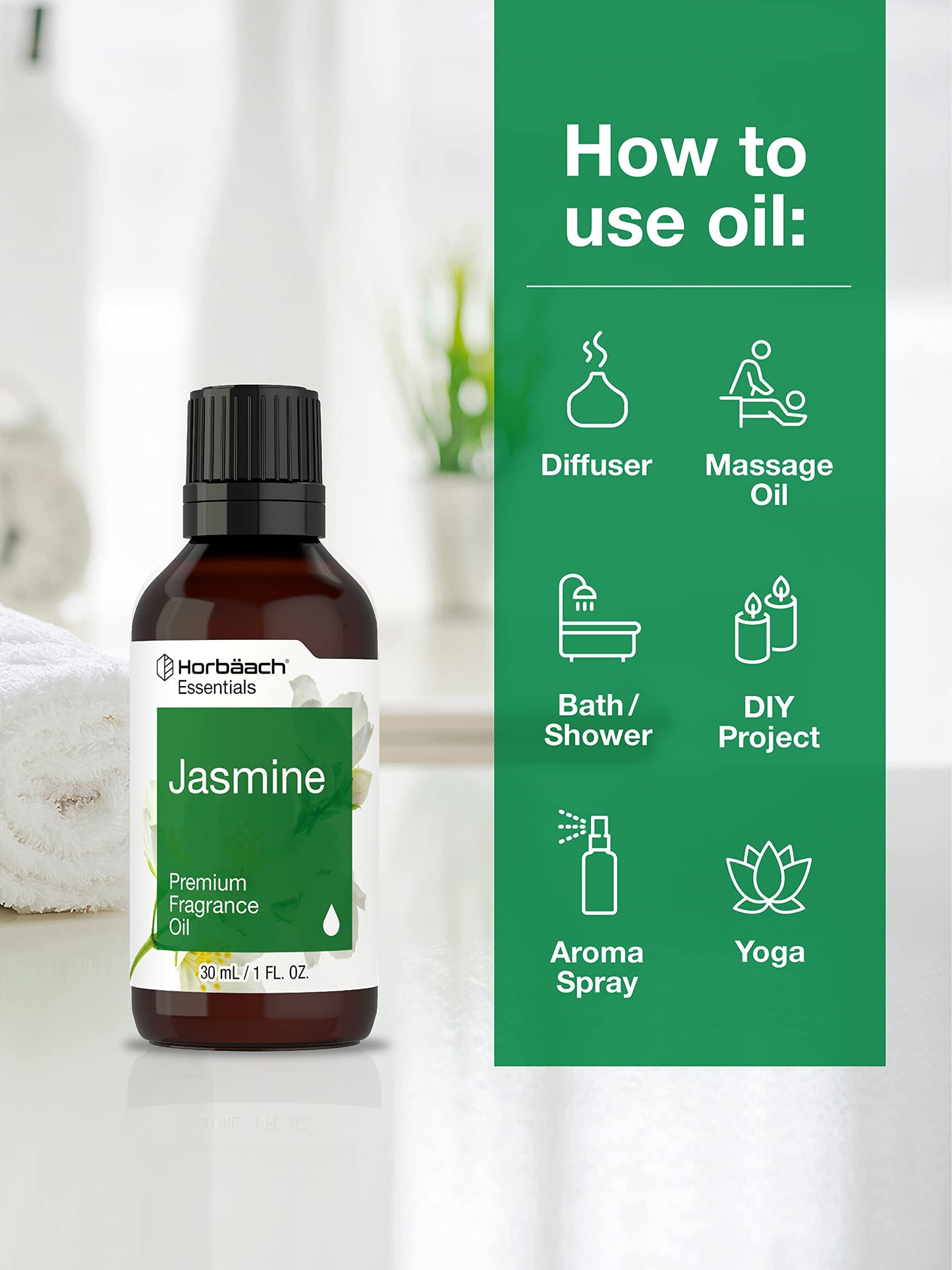 Horbaach Jasmine Fragrance Oil - 1 fl oz (30 ml) Premium Grade for Diffusers, Candles & Soaps