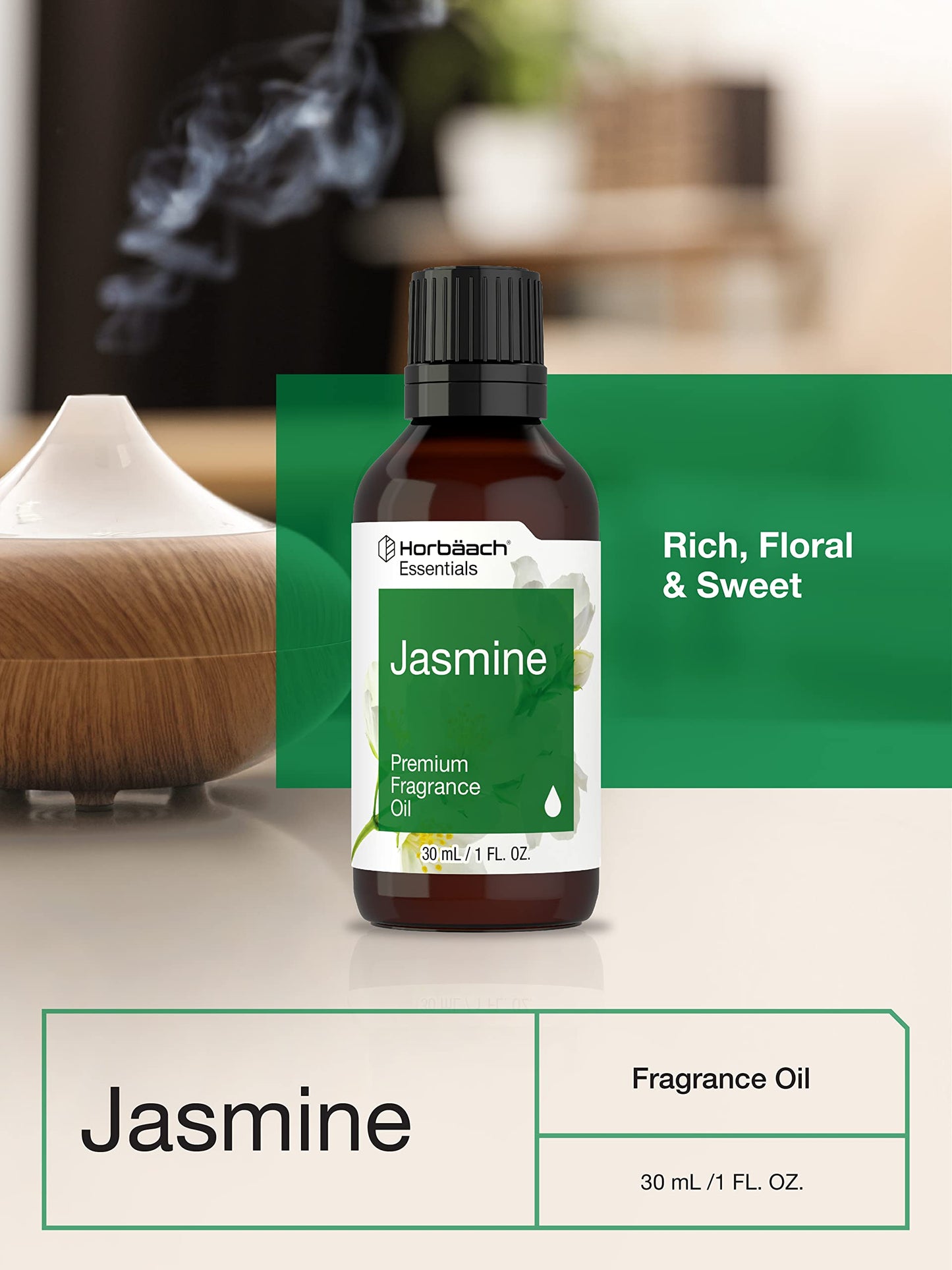 Horbaach Jasmine Fragrance Oil - 1 fl oz (30 ml) Premium Grade for Diffusers, Candles & Soaps