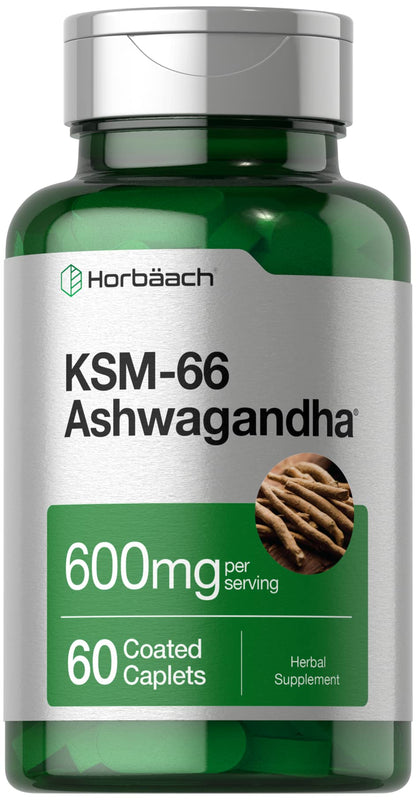 Horbäach KSM-66 Ashwagandha 600mg with L-Theanine | 60 Caplets, Vegan