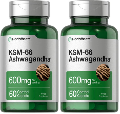 Horbäach KSM-66 Ashwagandha Caplets – 600mg | 60 Pills | L-Theanine | For Women & Men | Vegan, Non-GMO, Gluten Free | Pack of 2