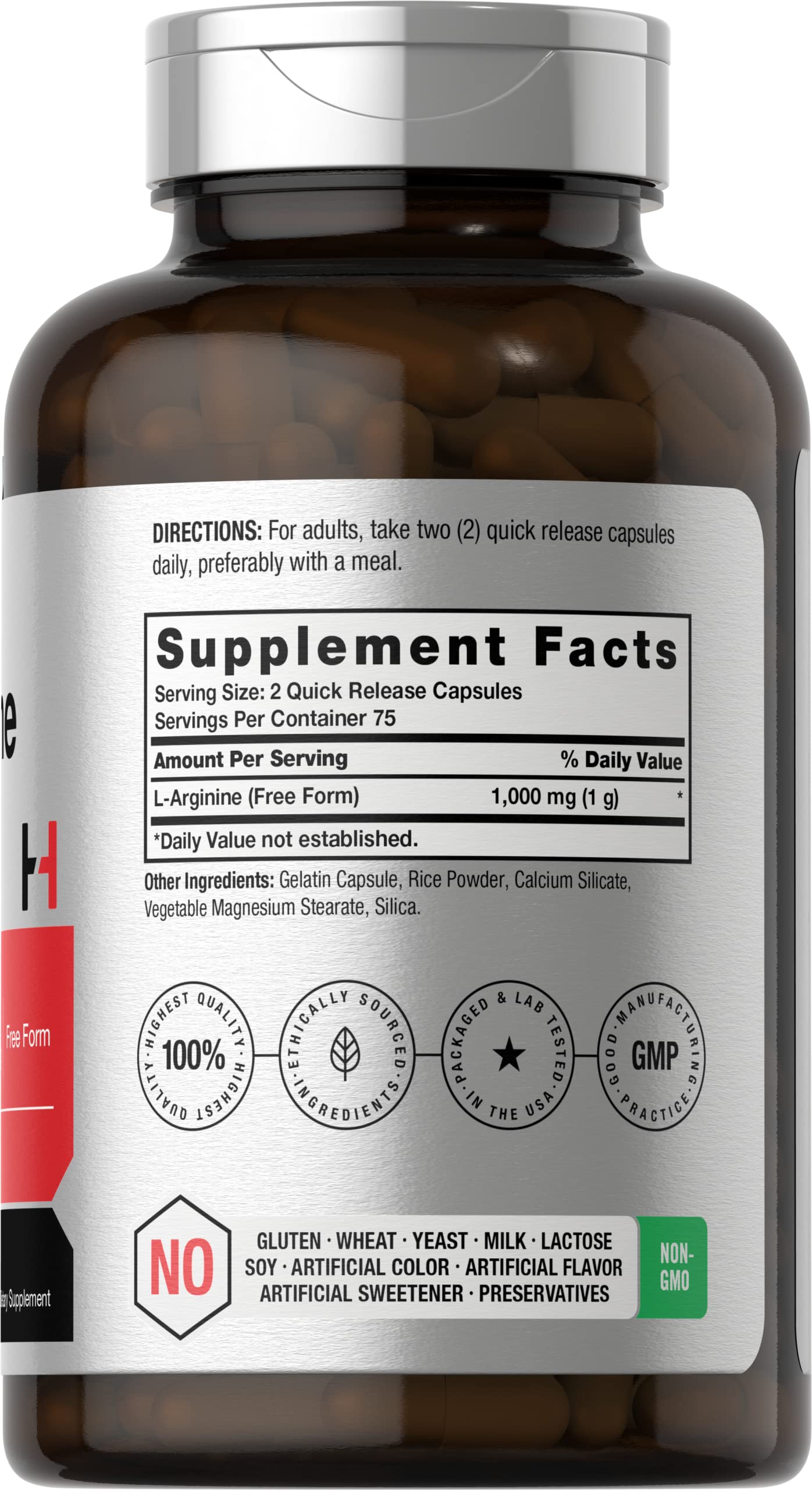 Horbäach L-Arginine 1000mg Capsules – Free-Form, Non-GMO & Gluten Free | 150 Powder Pills