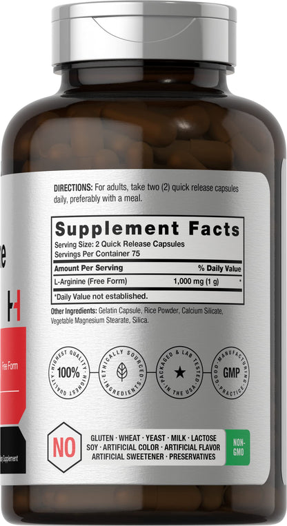 Horbäach L-Arginine 1000mg Capsules – Free-Form, Non-GMO & Gluten Free | 150 Powder Pills