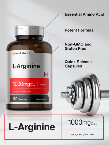 Horbäach L-Arginine 1000mg Capsules – Free-Form, Non-GMO & Gluten Free | 150 Powder Pills