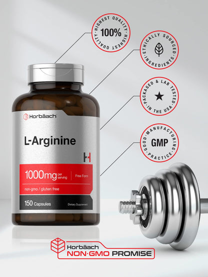 Horbäach L-Arginine 1000mg Capsules – Free-Form, Non-GMO & Gluten Free | 150 Powder Pills