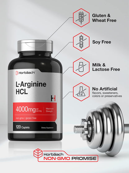 Horbäach L-Arginine 4000mg – 120 Caplets | Nitric Oxide Precursor for Men & Women | Vegetarian, Non-GMO, Gluten Free