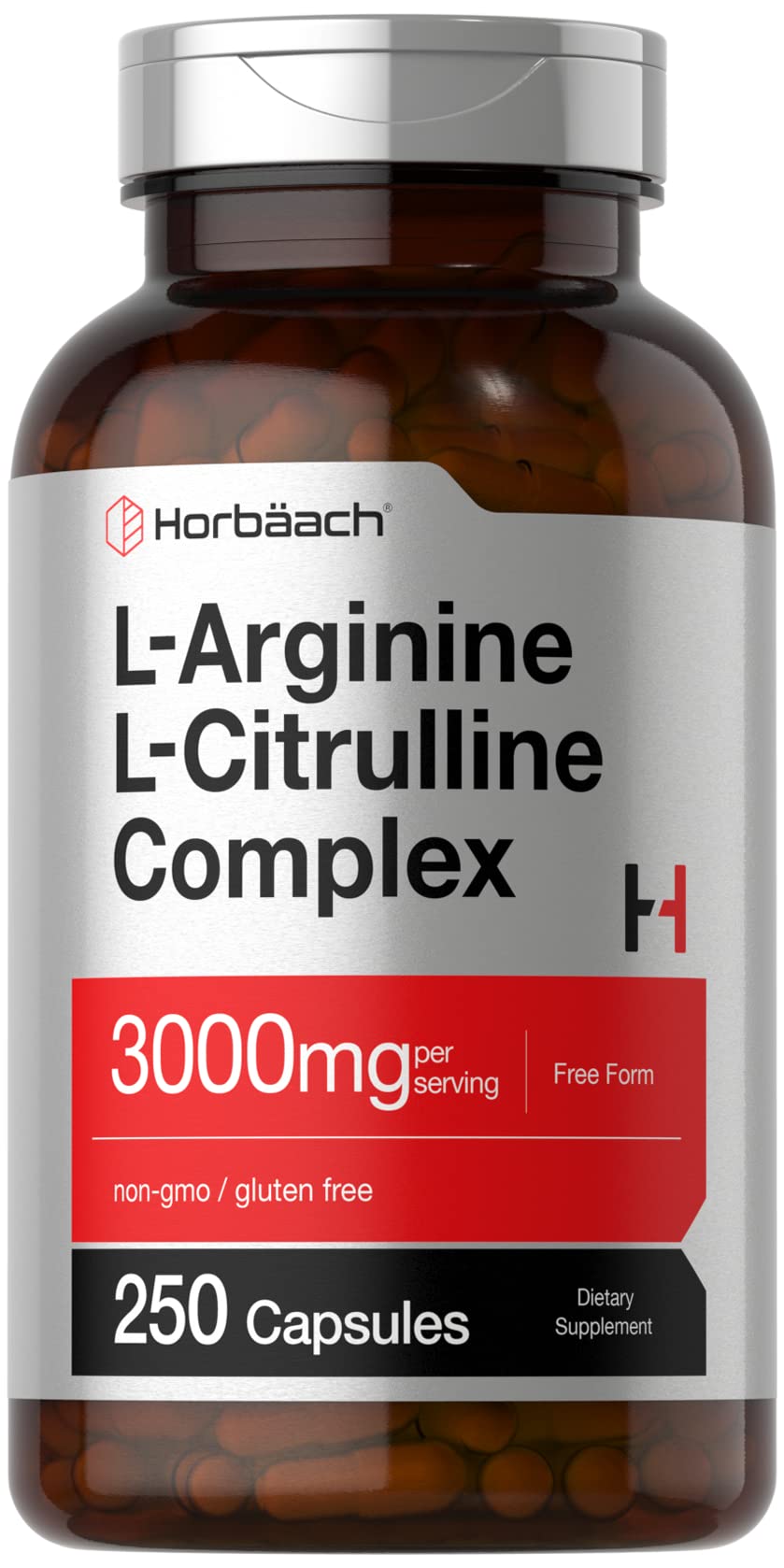 Horbäach L-Arginine L-Citrulline Complex | 3000 mg per Serving | 250 Capsules | Non-GMO, Gluten Free