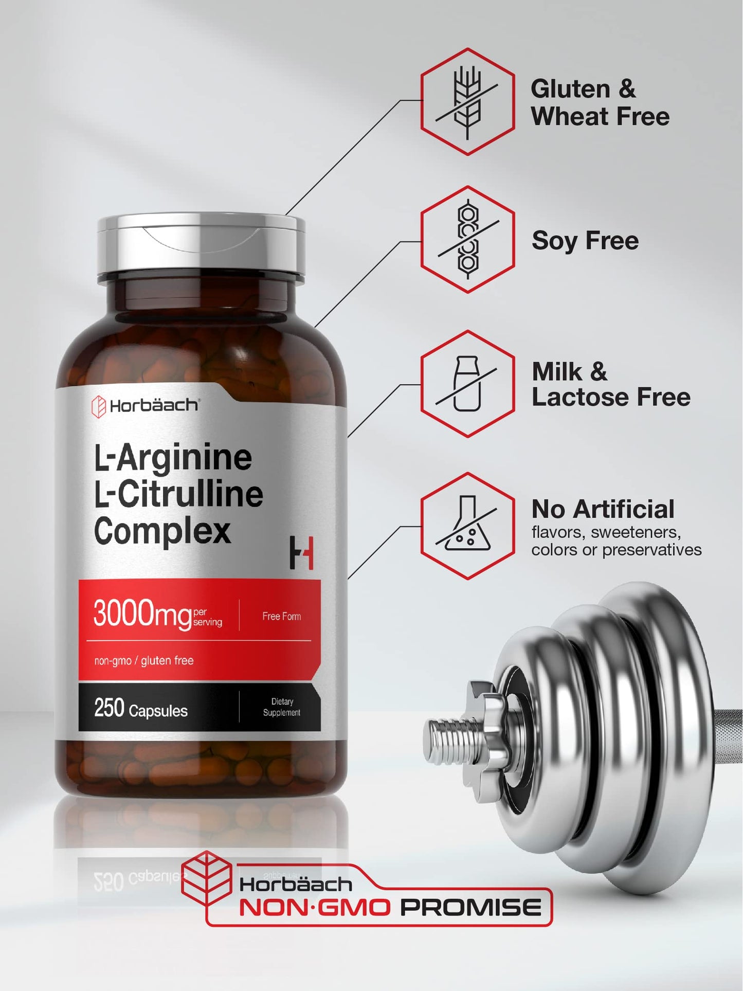 Horbäach L-Arginine L-Citrulline Complex | 3000 mg per Serving | 250 Capsules | Non-GMO, Gluten Free