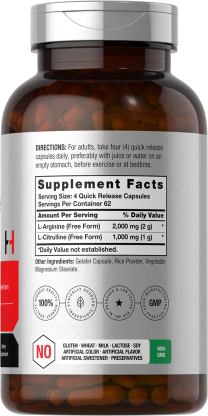 Horbäach L-Arginine L-Citrulline Complex | 3000 mg per Serving | 250 Capsules | Non-GMO, Gluten Free