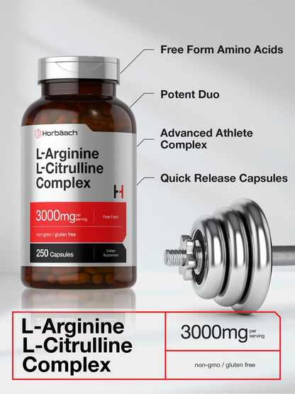 Horbäach L-Arginine L-Citrulline Complex | 3000 mg per Serving | 250 Capsules | Non-GMO, Gluten Free