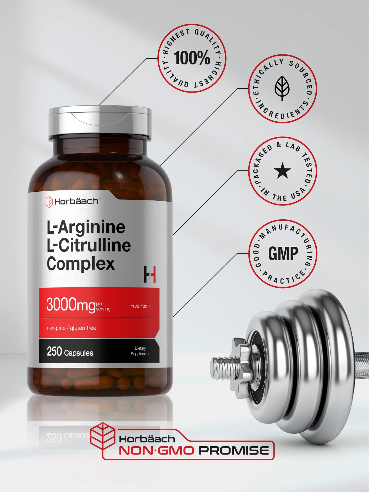 Horbäach L-Arginine L-Citrulline Complex | 3000 mg per Serving | 250 Capsules | Non-GMO, Gluten Free