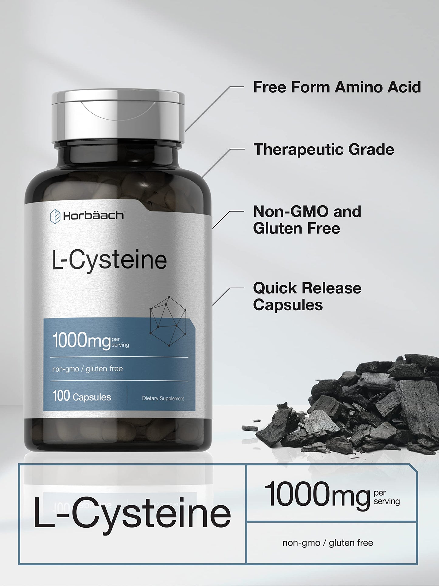 Horbäach L-Cysteine 1000mg – 100 Powder Capsules | Non-GMO, Gluten Free