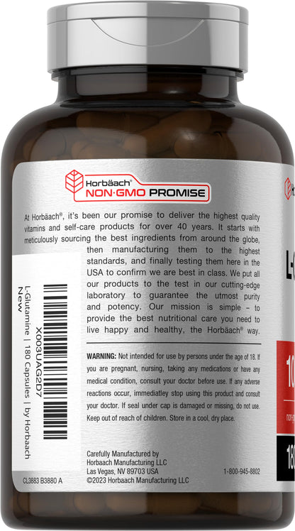 Horbaach L-Glutamine Capsules 1000mg – 180 Count | Non-GMO & Gluten Free | Pre & Post Workout