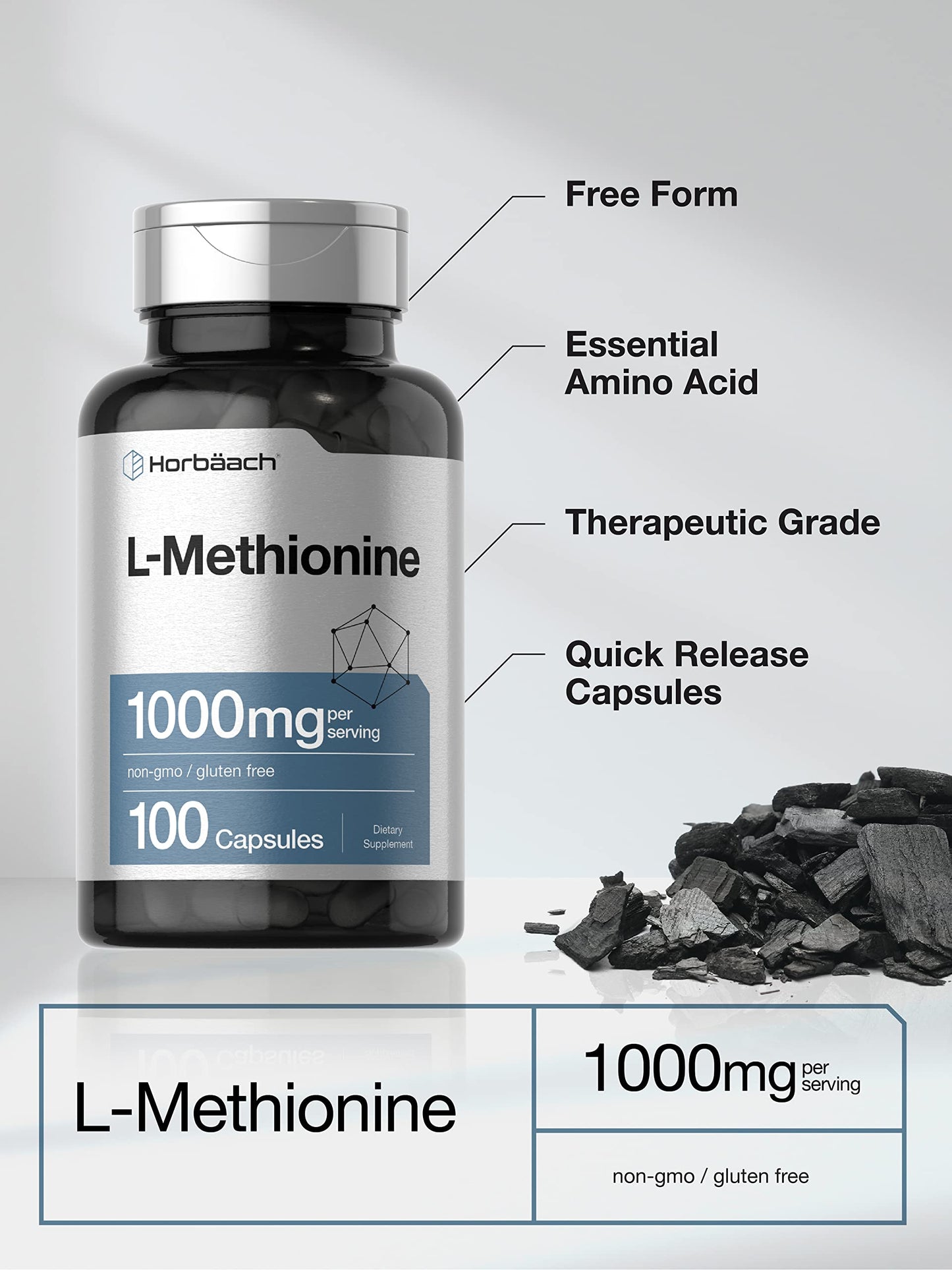 Horbäach L-Methionine 1000mg – 100 Capsules – Non-GMO, Gluten Free | Free Form Supplement