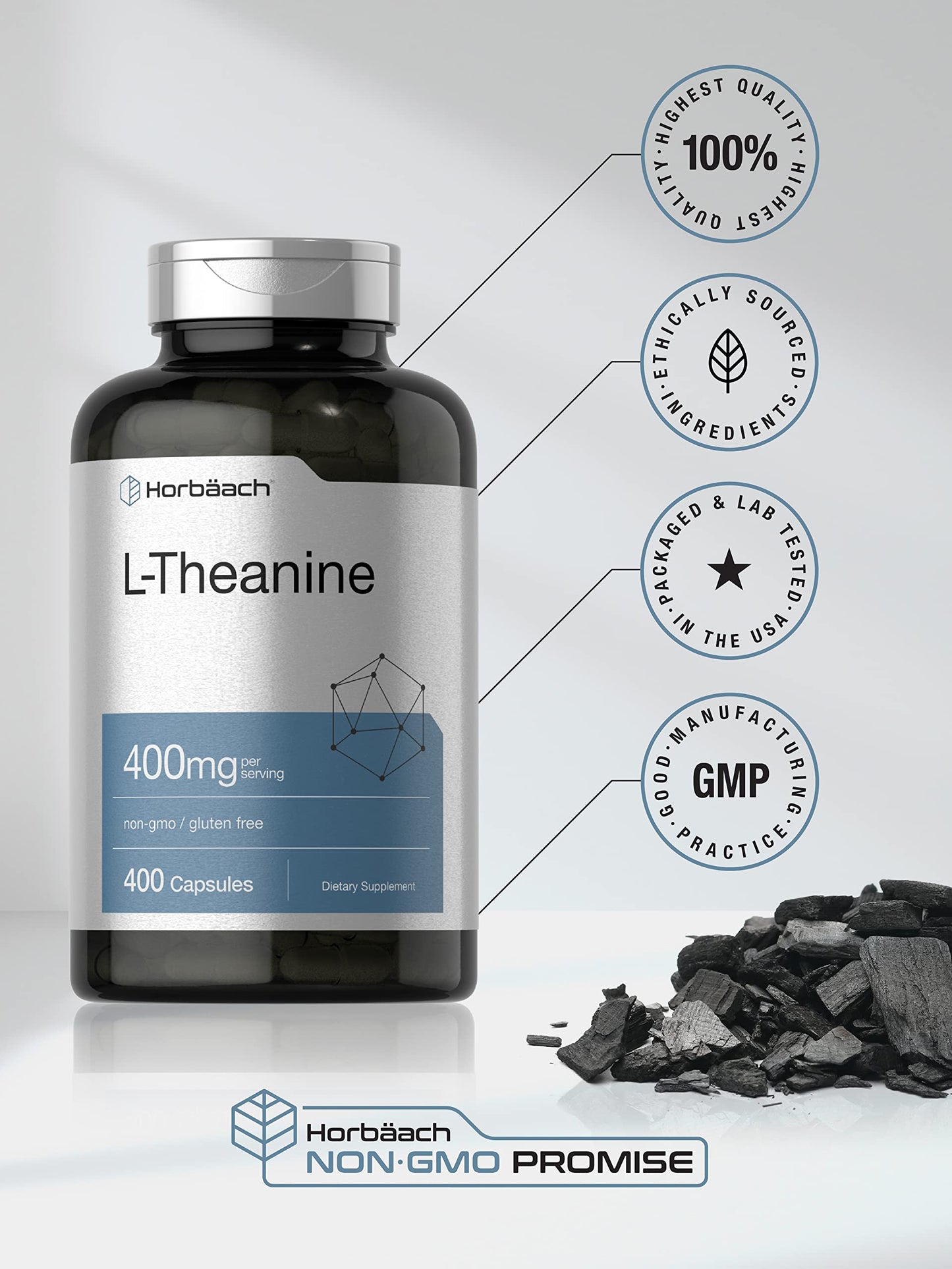 Horbäach L-Theanine 400mg | 400 Capsules | High Potency Supplement | Non-GMO & Gluten Free