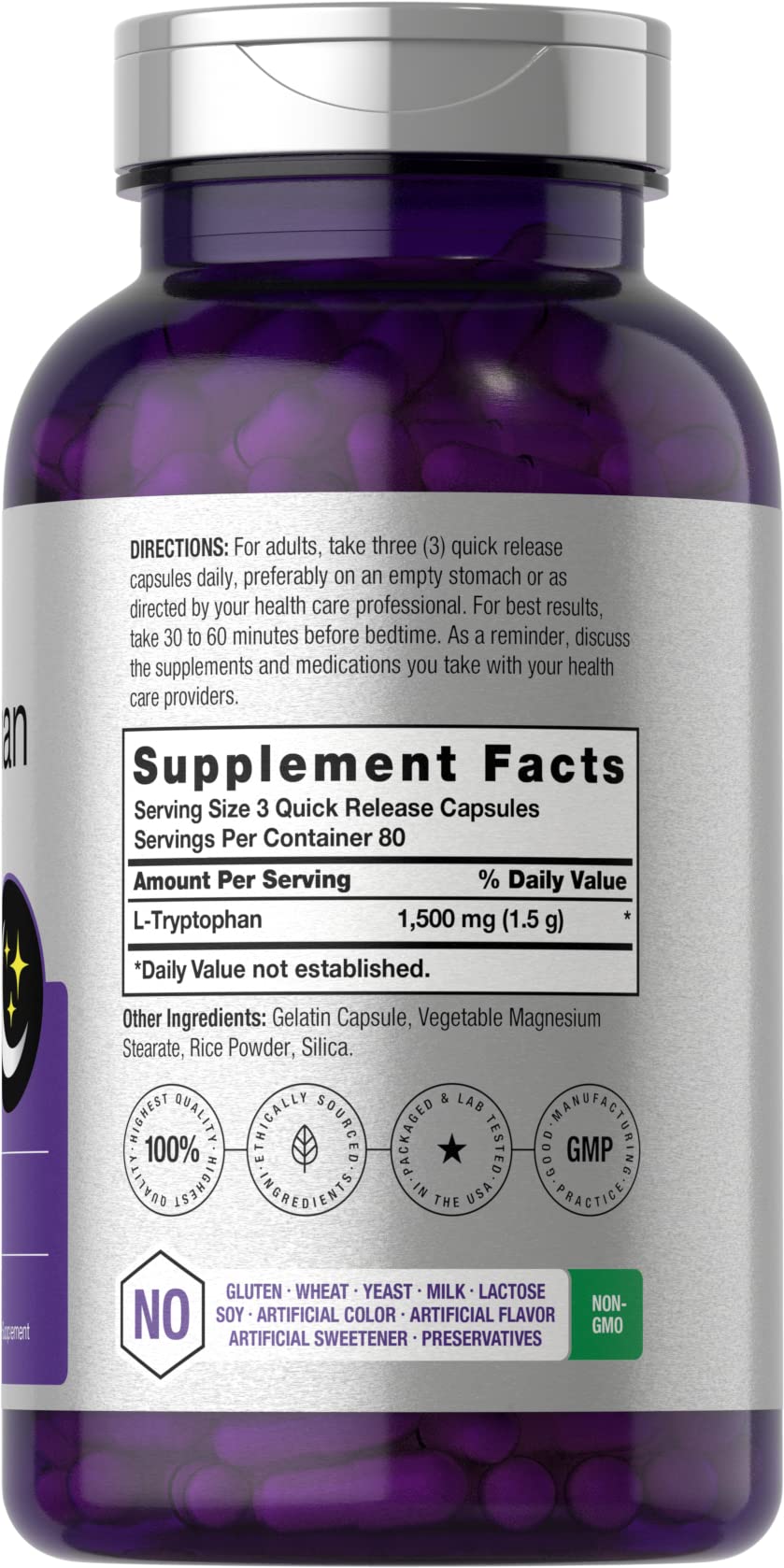 Horbäach L-Tryptophan 1500mg Capsules | 240 Count | Nighttime Formula | Non-GMO, Gluten Free